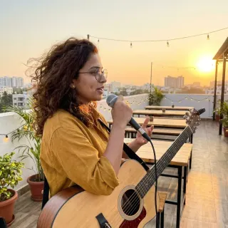 golden hour soundcheck on a koramangala rooftop. genuinely my favourite 30 mins of any gig