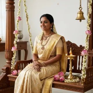 amma's oonjal, my favourite corner of the house. dressed for a magazine feature on young sabha dancers and honestly felt a bit fancy 🌸