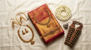 tomorrow's kit for the Iyengar wedding. ironed, polished, gajra fresh from Koyambedu at dawn. ready 🤍